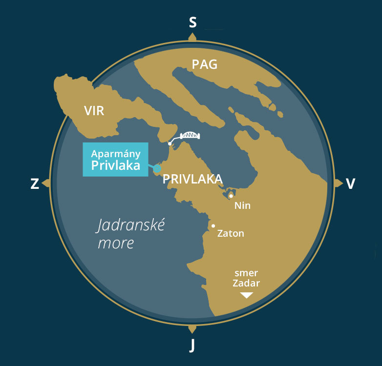 Mapka lokality apartmánov - Privlaka sa nachádza v severnej Dalmácií, na poloostrove neďaleko Zadaru. Hneď vedľa mesta Nin v okolí ostrovov Vir a Pag.